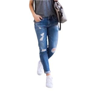 AG Adriano Goldschmied The Stilt Cigarette Roll-Up Blue Distressed Jeans Size 28